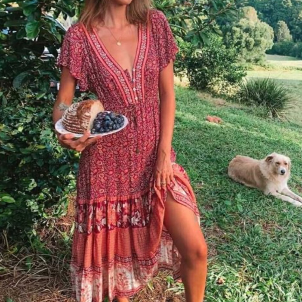Boho Gypsy Red Floral Print V neck Ruffle Midi Dress - Picture 4 of 4